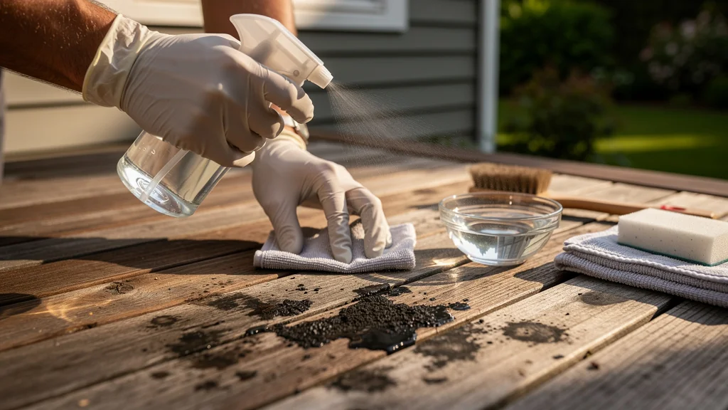Terrasse bois avec moisissures noires, test au vinaigre blanc réalisé avec précaution