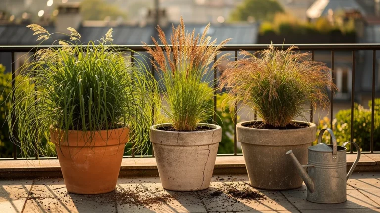 Trois semis de graminées ornementales en bac sur une terrasse, comparaison de leur tenue durant l’été