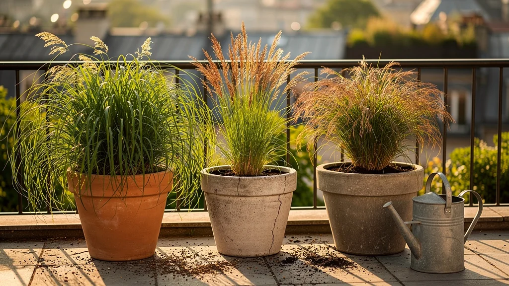 Trois semis de graminées ornementales en bac sur une terrasse, comparaison de leur tenue durant l’été
