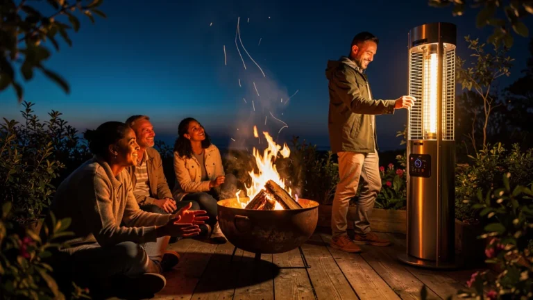 Brasero et chauffage électrique en extérieur pour prolonger les soirées dehors, ambiance chaleureuse et conviviale
