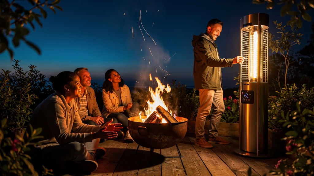 Brasero et chauffage électrique en extérieur pour prolonger les soirées dehors, ambiance chaleureuse et conviviale