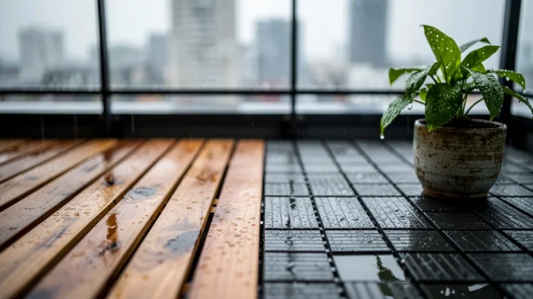 balcon-terrasse après la pluie avec caillebotis bois et dalles clipsables en contraste net