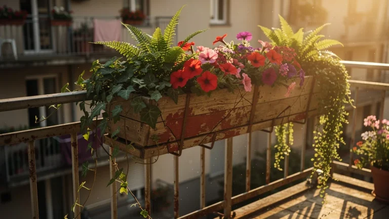 Balcon avec jardinières lourdes accrochées à une rambarde usée, lumière dorée et tension visible