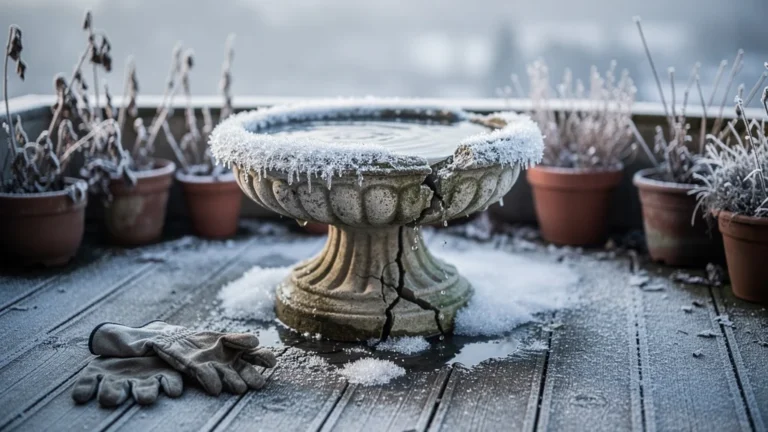Fontaine de terrasse gelée en hiver montrant les dégâts dus au manque d'entretien hivernal
