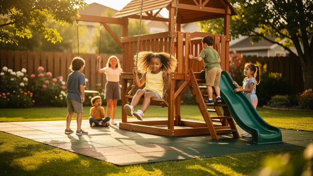 Enfants jouant en toute sécurité sur un sol souple sous un portique, expérience positive et sans bobo