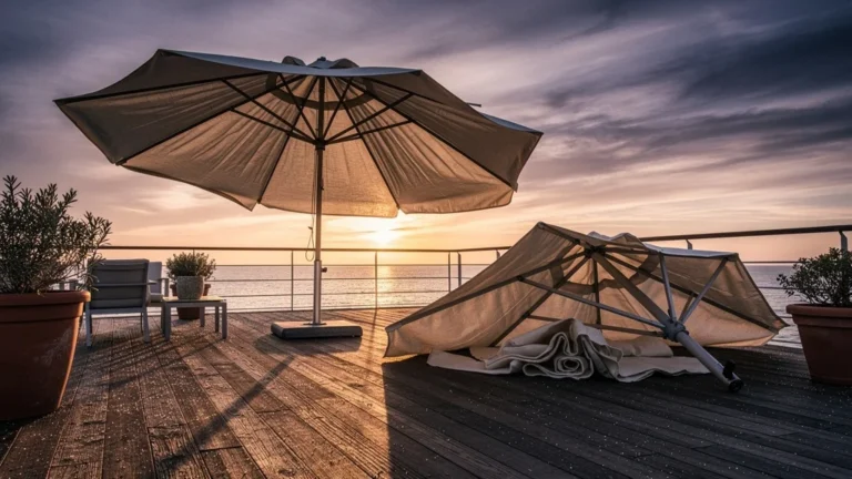 Deux parasols déportés en soirée face au vent, l’un debout, l’autre tombé sur une terrasse en bois