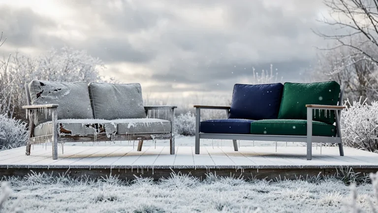 Comparaison hivernale de deux salons de jardin dehors, un intact malgré le gel