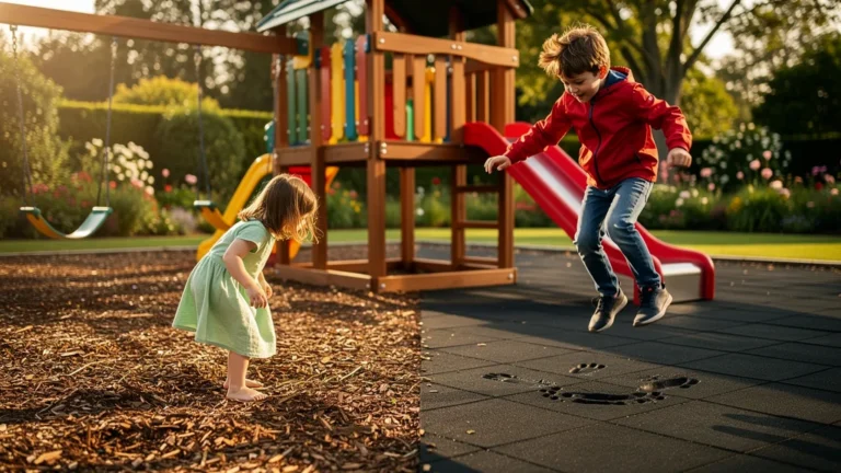 Comparaison hyper-réaliste de copeaux de bois et dalles caoutchouc sous portique enfants amortissant chute