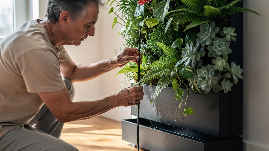 Mur végétal avec réserve d'eau testé pendant trois mois, arrosage automatique et plantes luxuriantes