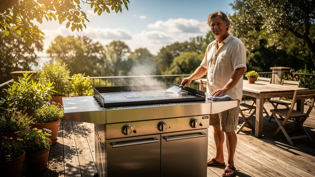 Plancha au gaz en été sur terrasse, entretien à chaud et froid du plateau, nettoyage et cuisson