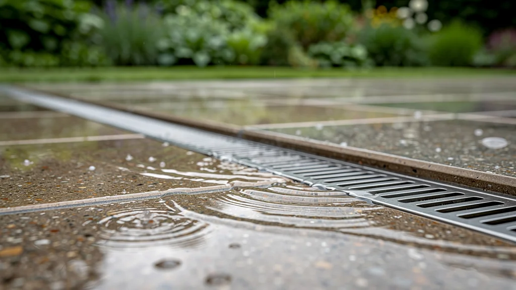 Terrasse de 6 m² en résine drainante après l’orage, écoulement efficace de l’eau de pluie visible