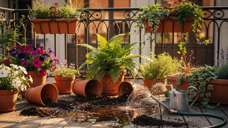 Terrasse en désordre avec jardinières et pots renversés, eau et terre éclaboussées sur le sol