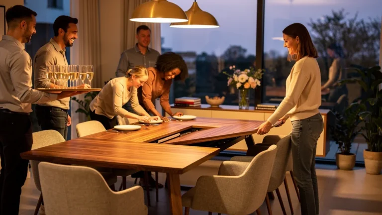 Table extensible moderne en bois dans une salle à manger chaleureuse pour soirée improvisée réussie