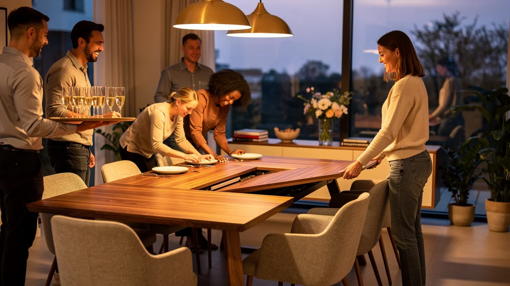Table extensible moderne en bois dans une salle à manger chaleureuse pour soirée improvisée réussie