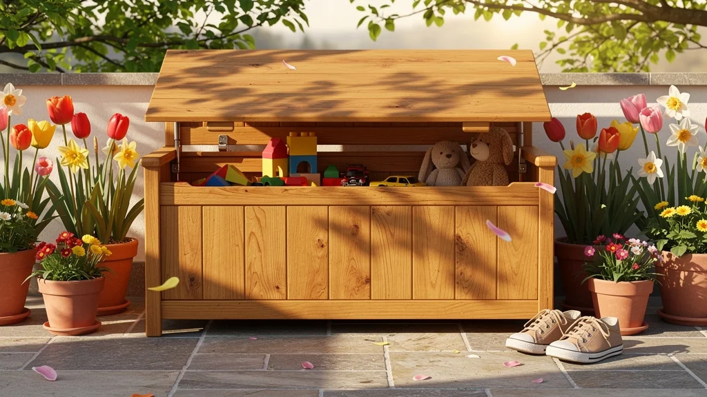Banc-coffre en bois installé sur une terrasse printanière pour ranger les jouets d'enfants