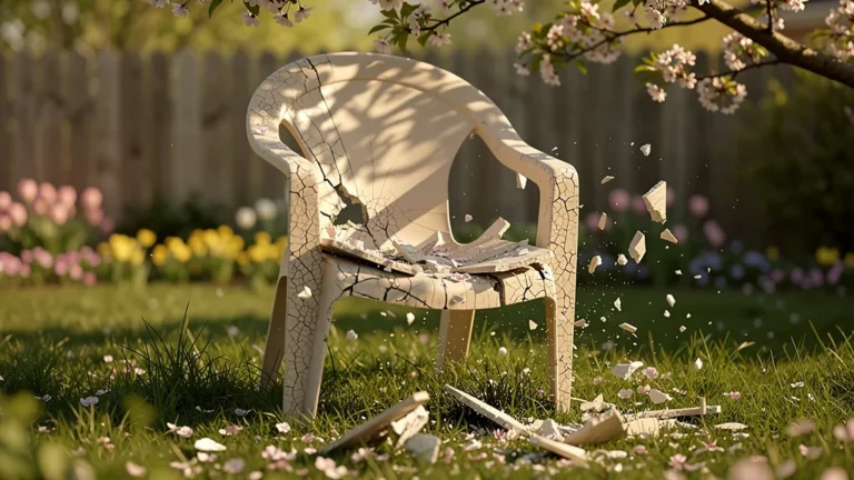 Fauteuil en résine premier prix décoloré et cassant éclatant sous un soleil printanier