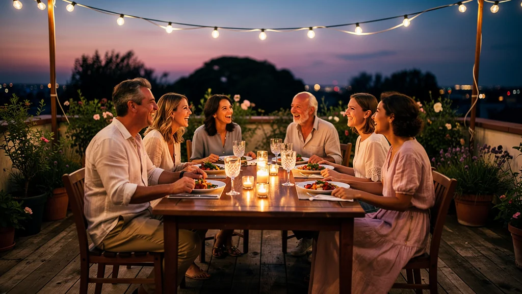 Terrasse d'été illuminée par une guirlande guinguette transformant les dîners en soirée chaleureuse