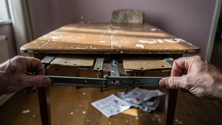 Table extensible bas de gamme coincée dès la deuxième saison, mécanisme bloqué et surface usée