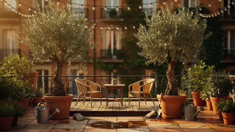 Terrasse transformée avec deux oliviers en pot structurant l’espace et lumière dorée chaleureuse