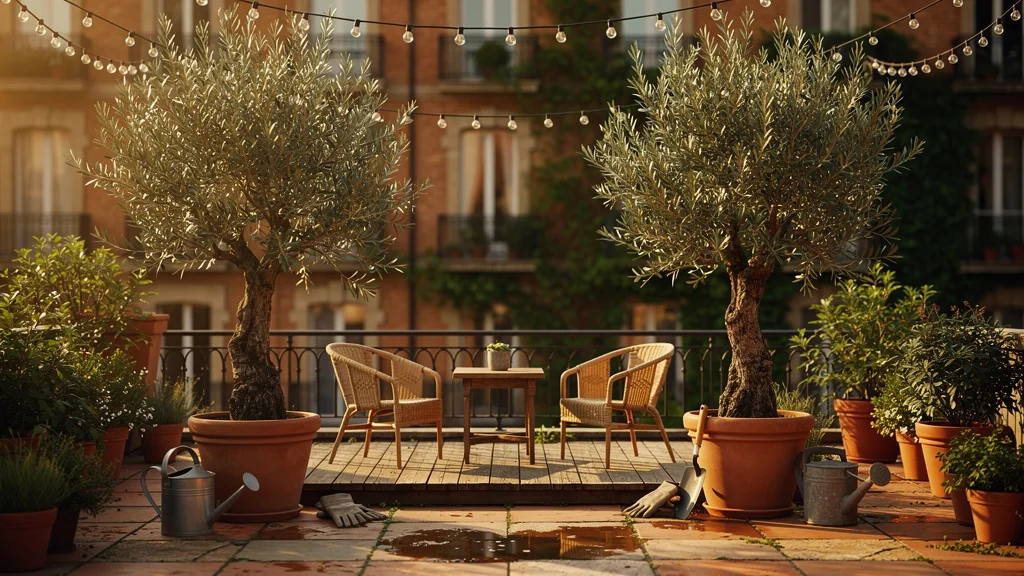 Terrasse transformée avec deux oliviers en pot structurant l’espace et lumière dorée chaleureuse