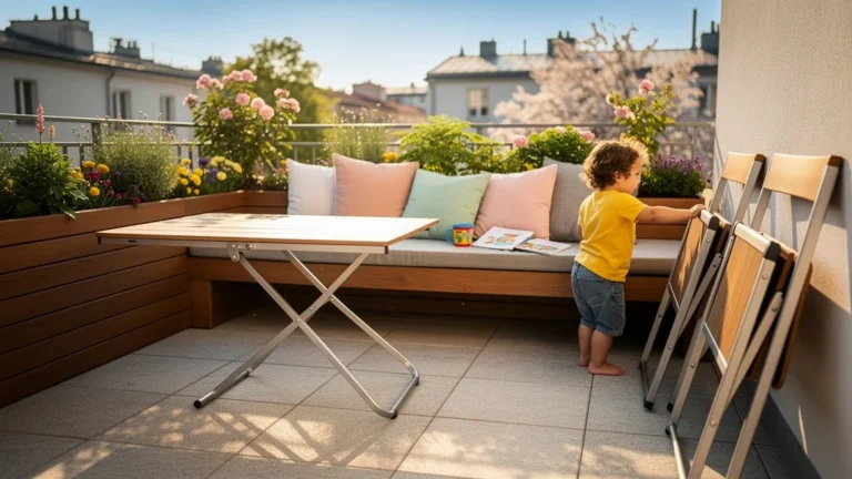 Terrasse petite avec mobilier pliant et meubles fixes idéale pour enfants, choix pratique et esthétique