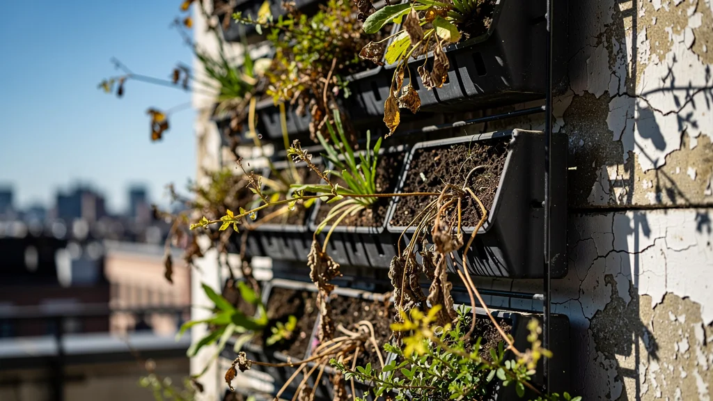 Mur végétal grillé après deux étés sans réserve d’eau, plantes abîmées et séchées sous le soleil