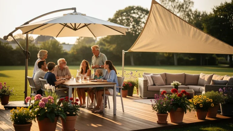 Terrasse familiale avec parasol déporté et voile d’ombrage pour un confort optimal en extérieur