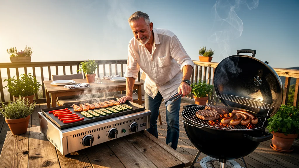 Plancha au gaz et barbecue au charbon sur une terrasse en bois ensoleillée, avis comparatif détaillé