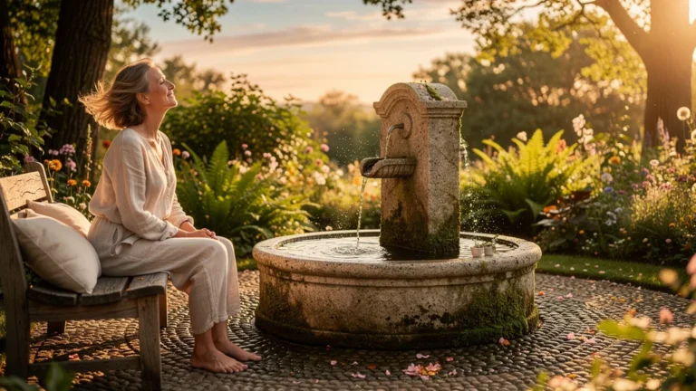 Petite fontaine en pierre apaisante avec eau claire dans un jardin serein au coucher du soleil