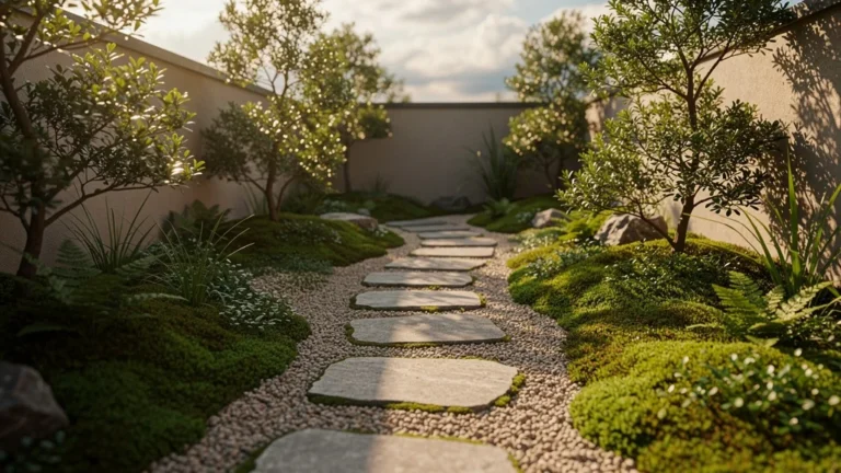 Allée en gravier stabilisé avec pas japonais dans un petit jardin verdoyant et soigné