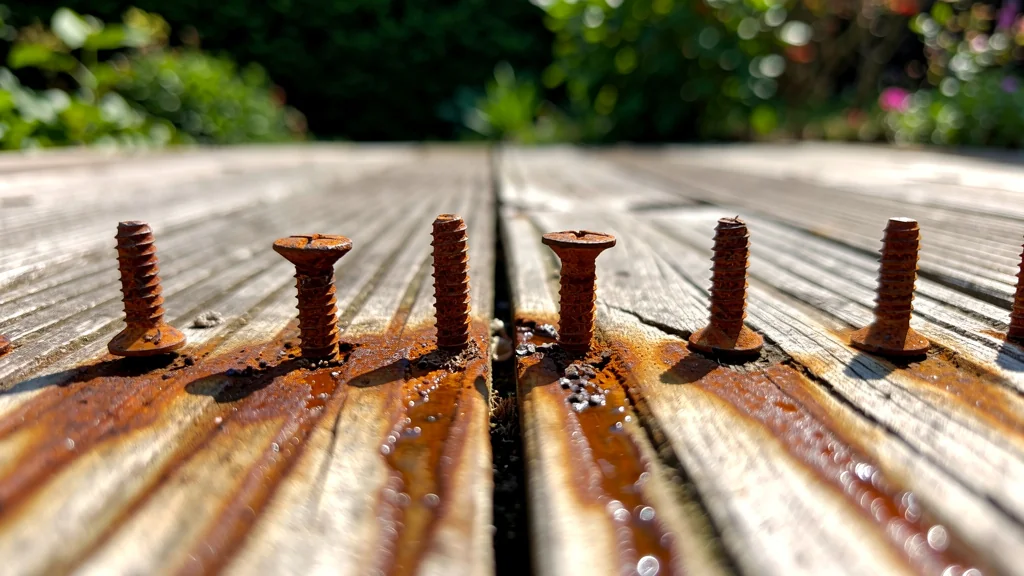 Vis de terrasse en acier rouillées avec coulures de rouille sur planches en bois naturel