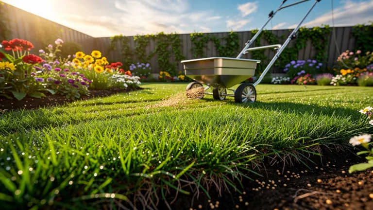 Pelouse verte vibrante fertilisée avec engrais pour gazon, jardin entretenu au matin lumineux
