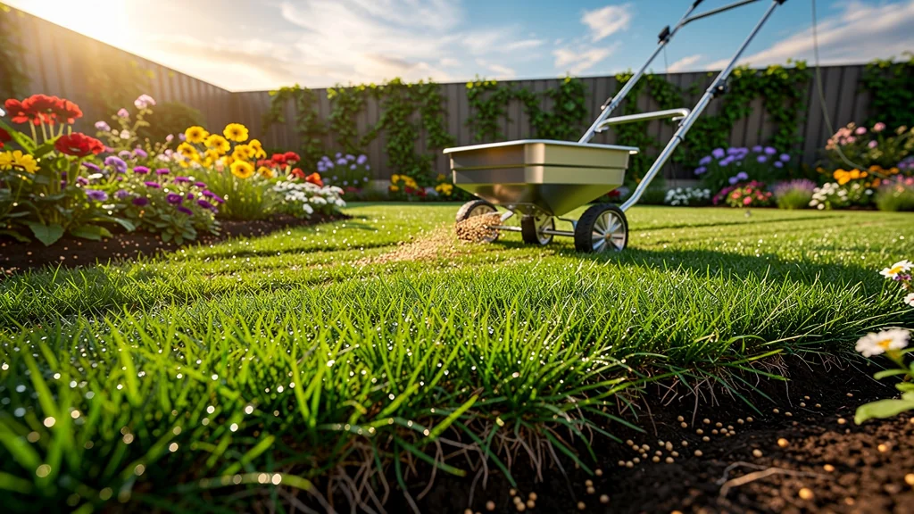 Pelouse verte vibrante fertilisée avec engrais pour gazon, jardin entretenu au matin lumineux