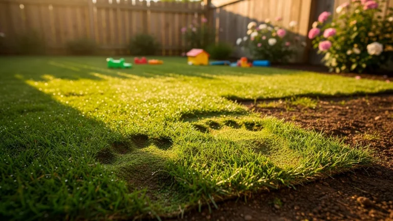 Jardin avec gazon en rouleau et gazon semé piétiné par deux enfants, vue détaillée et réaliste