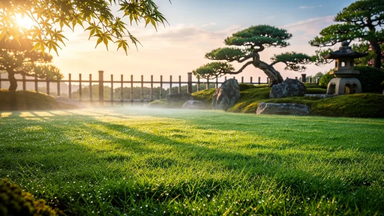 Jardin japonais avec gazon japonais vert et soigné au lever du soleil, ambiance paisible et naturelle
