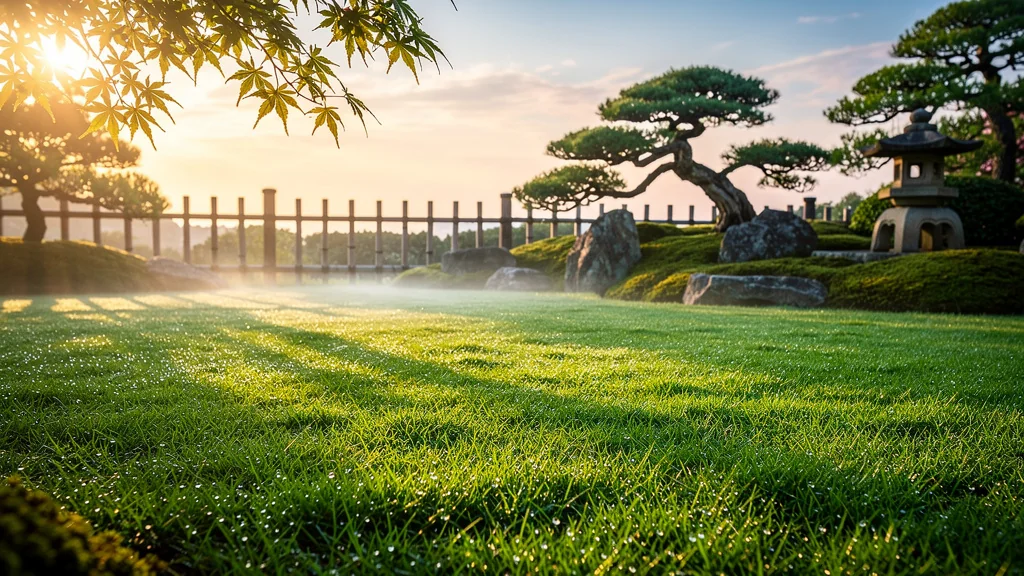 Jardin japonais avec gazon japonais vert et soigné au lever du soleil, ambiance paisible et naturelle