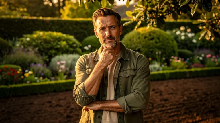 Portrait d’un journaliste jardinage homme 41 ans réfléchissant dans un jardin verdoyant lumineux