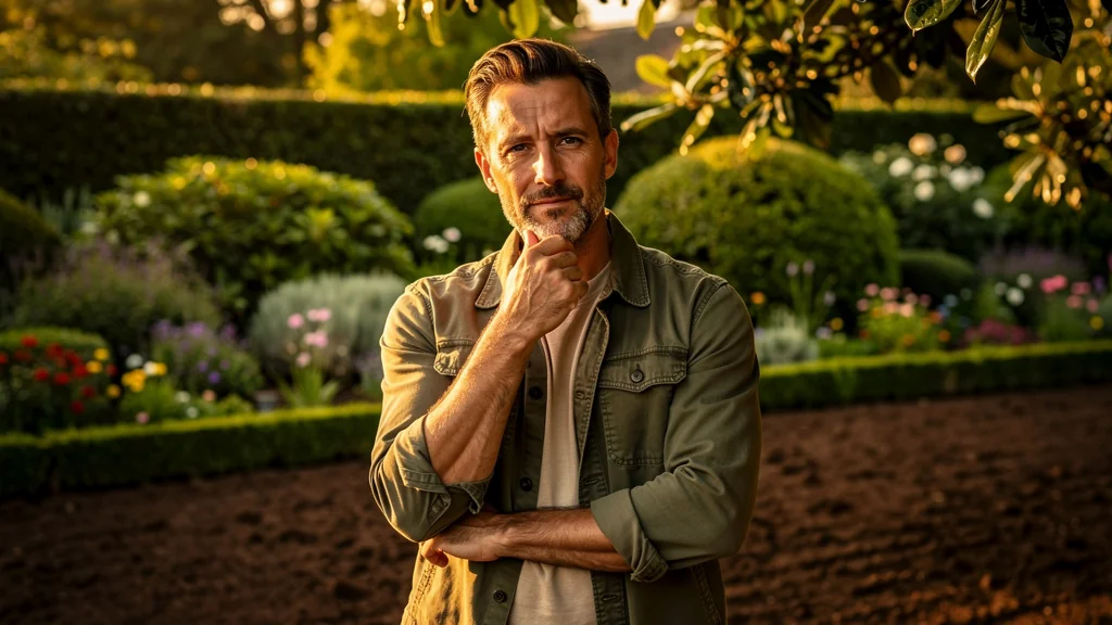 Portrait d’un journaliste jardinage homme 41 ans réfléchissant dans un jardin verdoyant lumineux