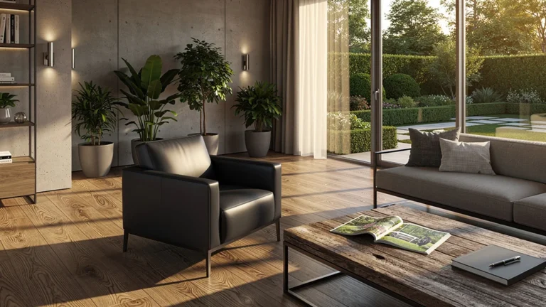 Intérieur moderne et élégant avec vue jardin, design épuré et ambiance chaleureuse pour un homme de 41 ans
