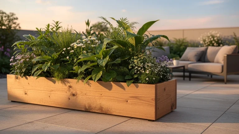 Jardinière brise vue moderne en bois avec feuillage dense pour intimité extérieure sur terrasse