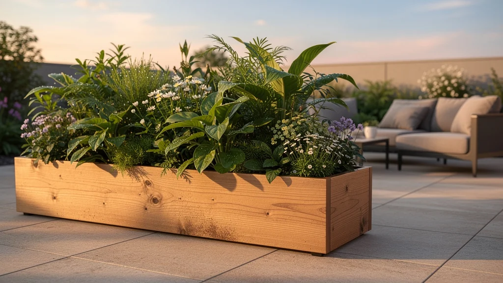 Jardinière brise vue moderne en bois avec feuillage dense pour intimité extérieure sur terrasse