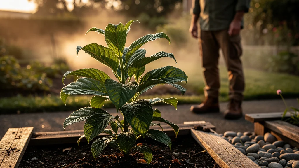 Jardin avec lalliard bois après 6 mois de croissance, lumière dorée et ambiance naturelle réaliste