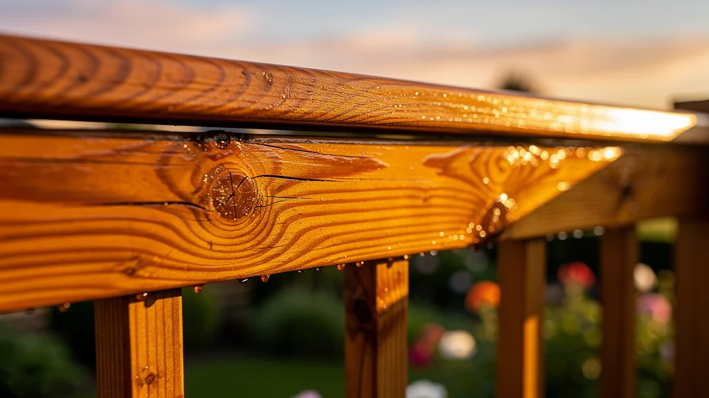 Balcon en bois traité à l’huile ou lasure exposé plein ouest au coucher du soleil