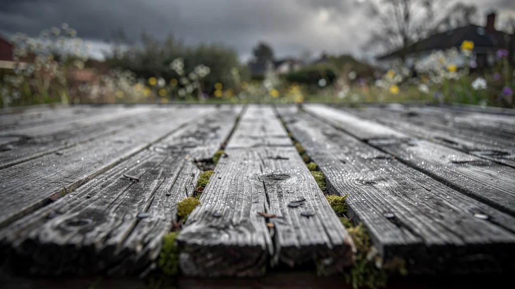 Terrasse en bois grisaillante et patinée par le temps, ambiance douce et nostalgique en extérieur