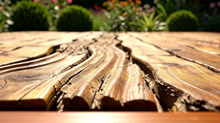 Lames de terrasse en bois posées à l'envers, déformées et ondulées après un premier été exposé au soleil
