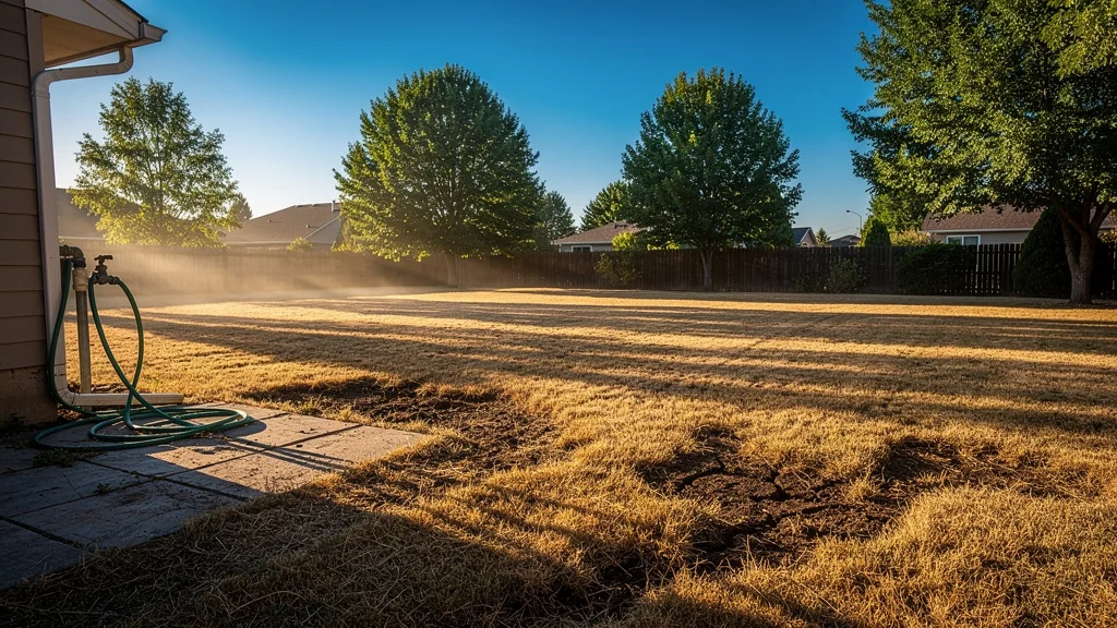 Gazon cramé en juillet avec herbe sèche montrant les effets d'un arrosage mal programmé