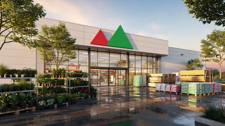 Façade hyper-réaliste de Mr Bricolage Borgo avec produits de jardinage en extérieur au coucher du soleil
