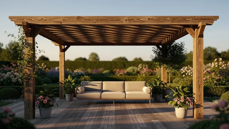 Pergola bois terrasse élégante en lumière dorée avec mobilier et plantes, après 2 ans d'utilisation