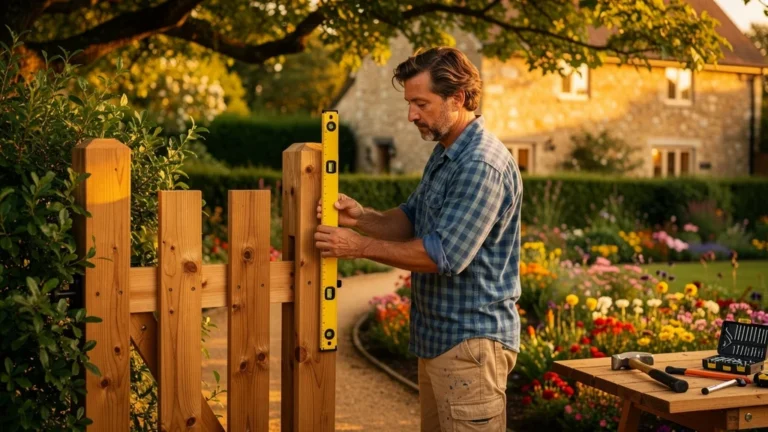 Homme posant un portillon de jardin bien d'aplomb avec un niveau, jardin verdoyant en arrière-plan