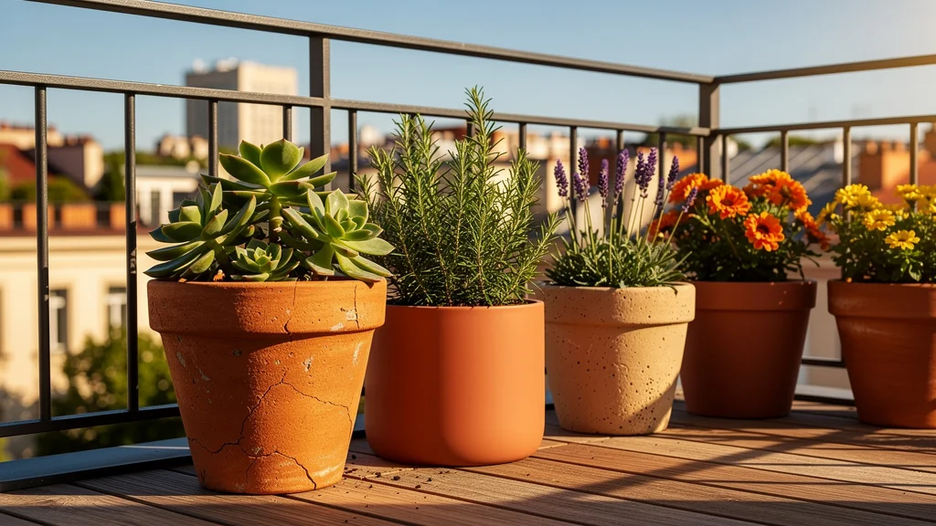Balkon ensoleillé avec pots en terre cuite et résine pour plantes adaptées au plein soleil